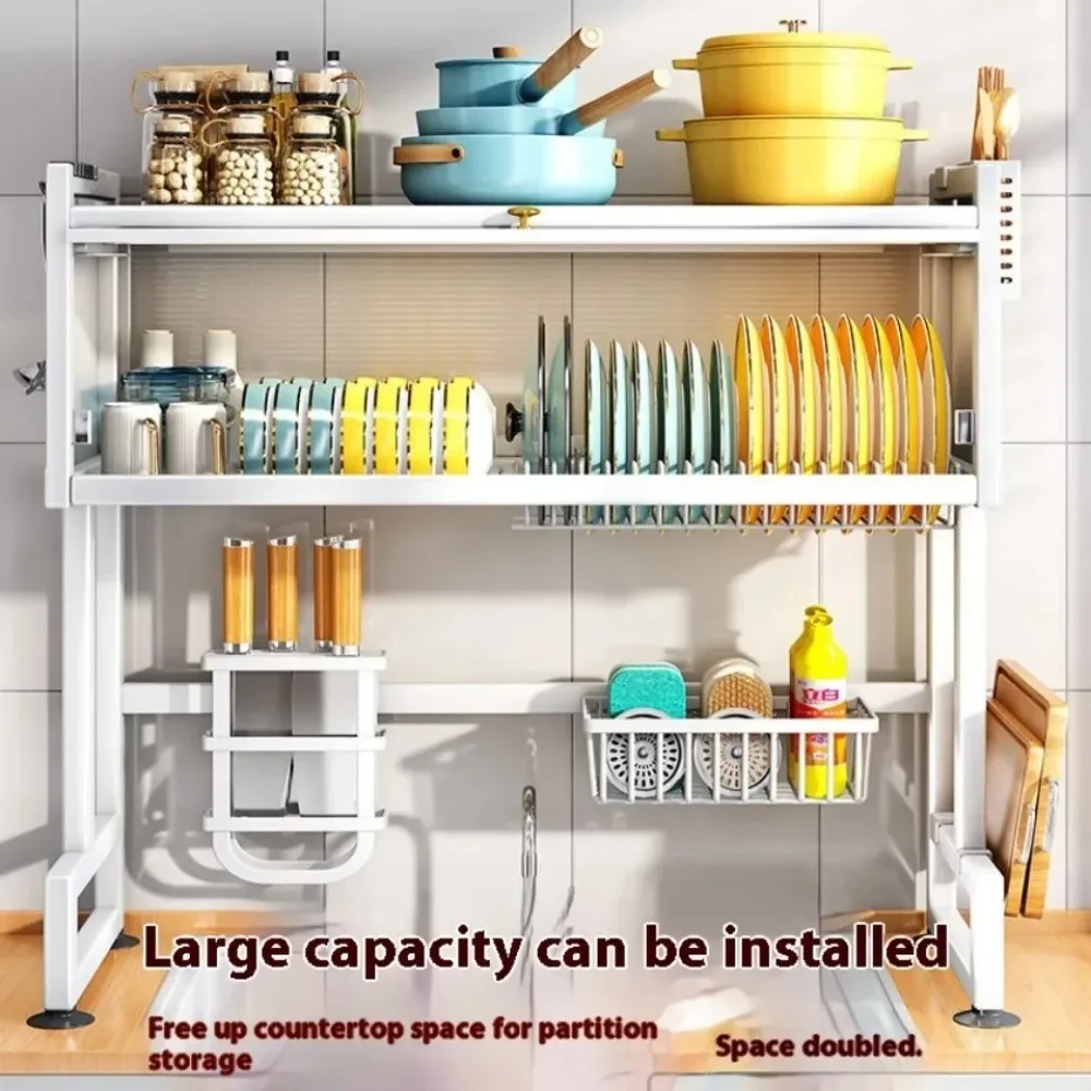 Multi Organizer Cabinet Sink Rack，Over The Sink Dish Drying Rack Kitchen Storage Cabinet Kitchen Stainless Steel Storage Shelf 4