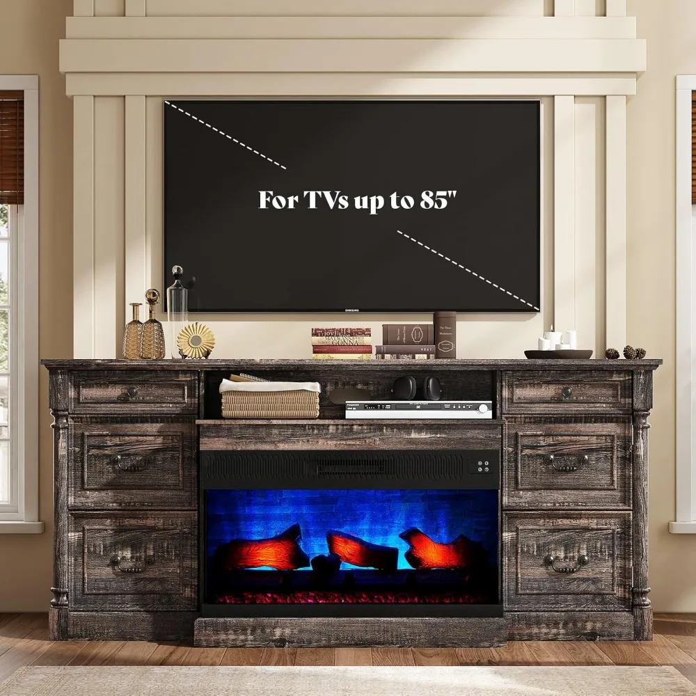 75" Fireplace TV Stand, Large TVs Stands with 36" Fireplace, with Solid Wood Roman Column, 2 Drawers & Cabinets Storage TV Stand 6