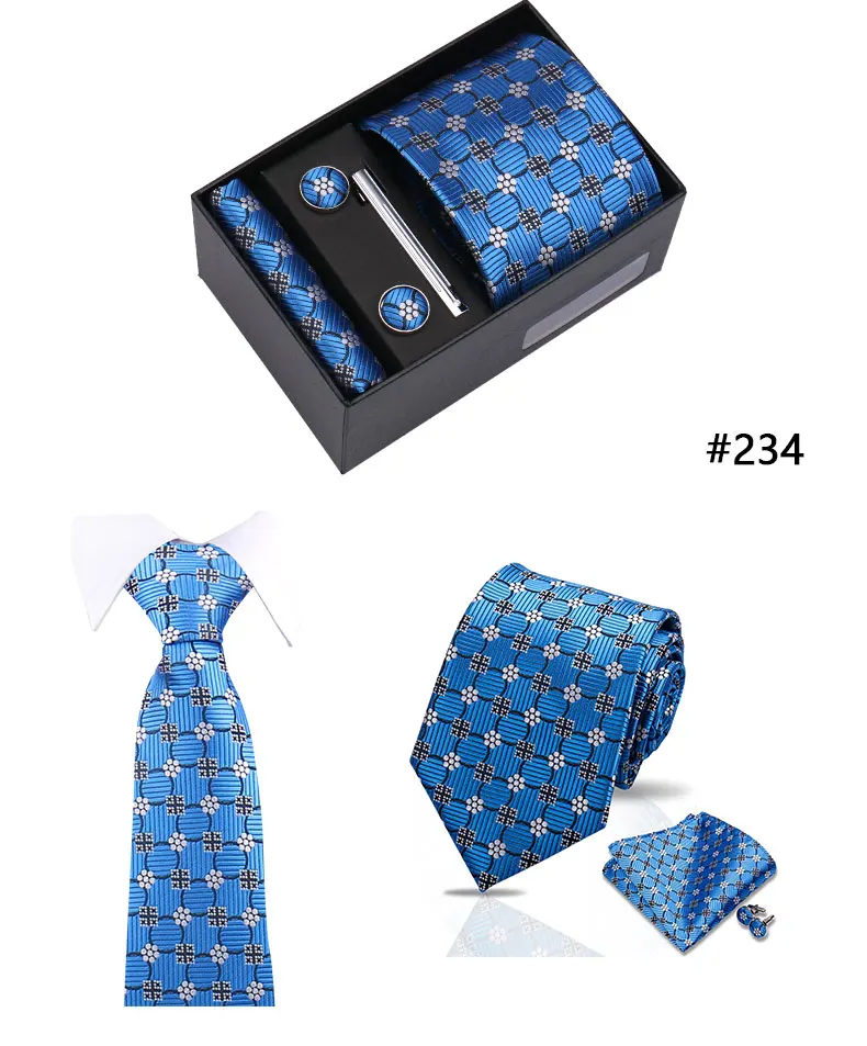 Top Quality Tie Set Gift Box Necktie Pocket Squares Cufflinks Tie-Clip Set With Black Box Men Birthday Gift Gravatas Accessories