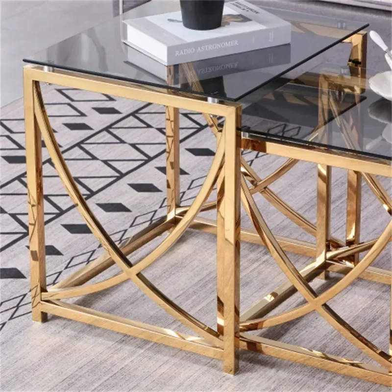 3 pcs Gold Square Nesting Glass End Tables- Small Coffee Table Set- Stainless Steel Small Coffee Tables With Grey Tempered Glass