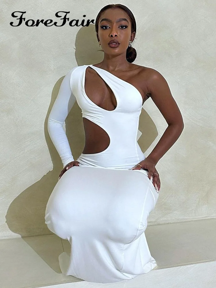 

Forefair Summer Sexy Club Asymmetrical Solid Color Backless Bodycone Women Fashion One Shoulder Maxi White Bodycon Party Dress