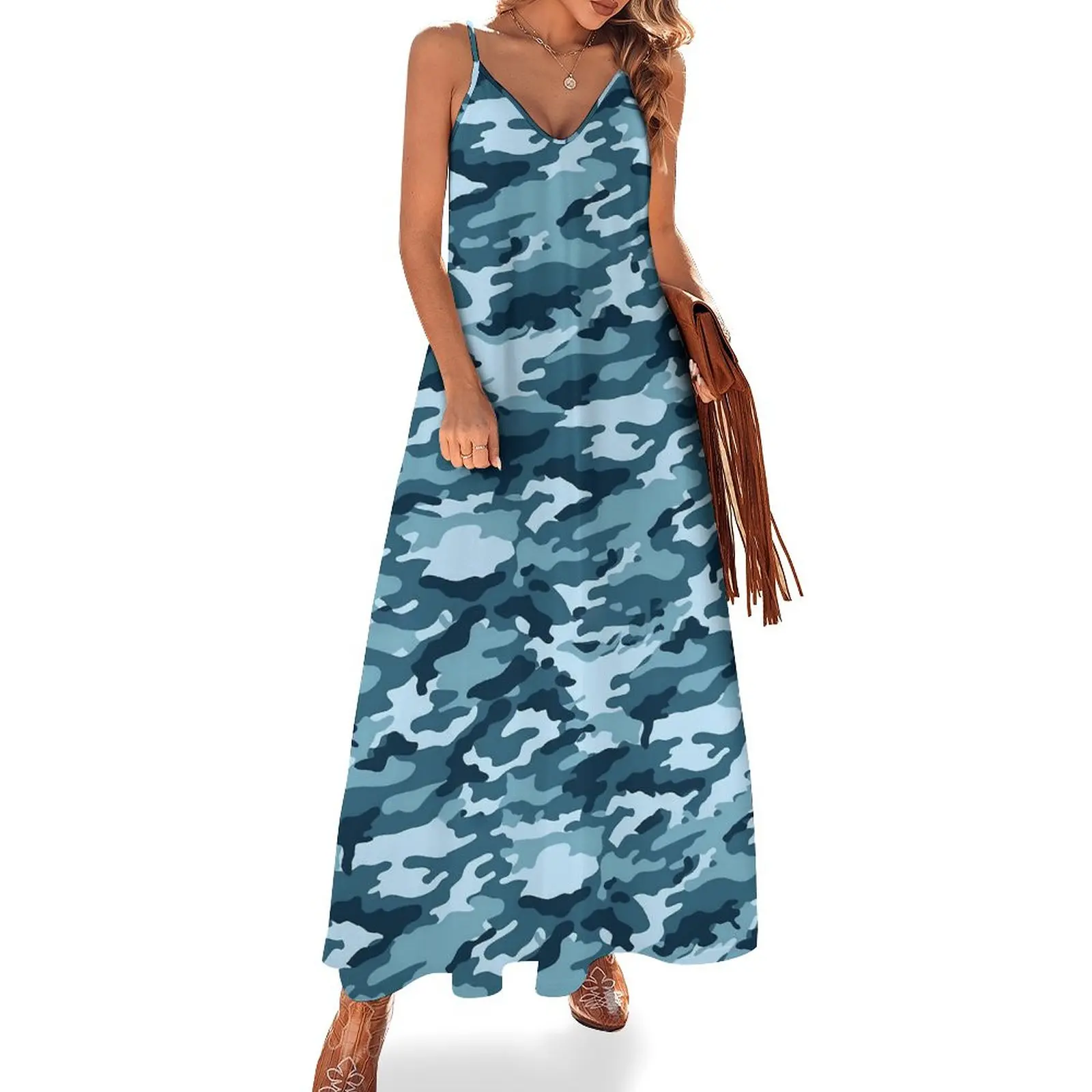 

Blue Camo Dress Camouflage Print Korean Fashion Casual Long Dresses Summer Club Maxi Dress Custom Vestido Birthday Present