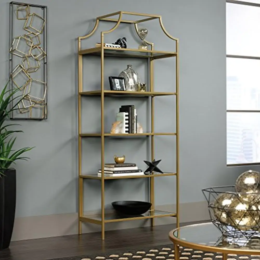 Gold Satin Finish Metal Bookshelf 5 Tier Glass Shelving Unit Office Kitchen Living Room 30"x14.49"x70.87" Assembly Required 2