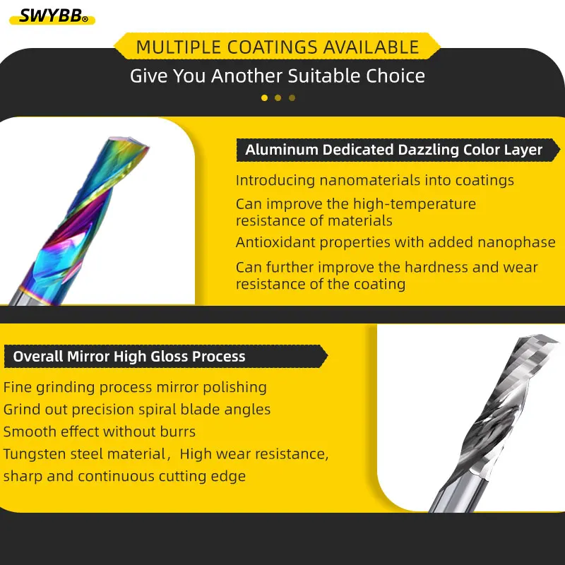 SWYBB CNC Engraving Cutter 1F One Flute End Mill Single Tooth Spiral 1 2 3.175 4 5 Shank 3D Bit for Aluminum Acrylic Wood, carbide milling cutter