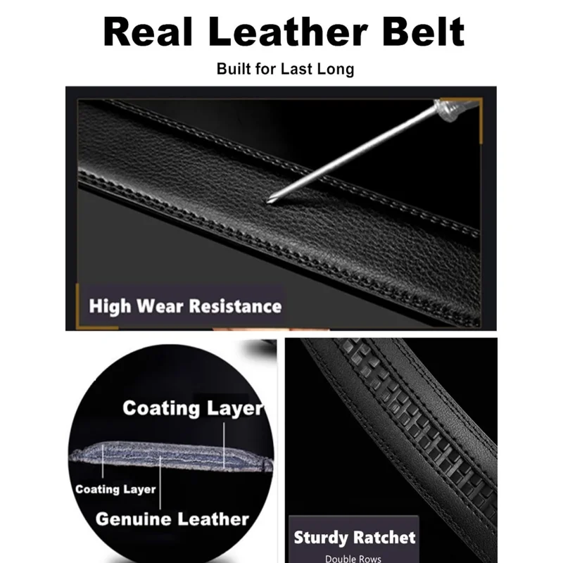 Cinturón de cuero genuino de alta calidad, ajustable con trinquete automático, color marrón/negro, para hombre, estilo casual de negocios._voghion.com