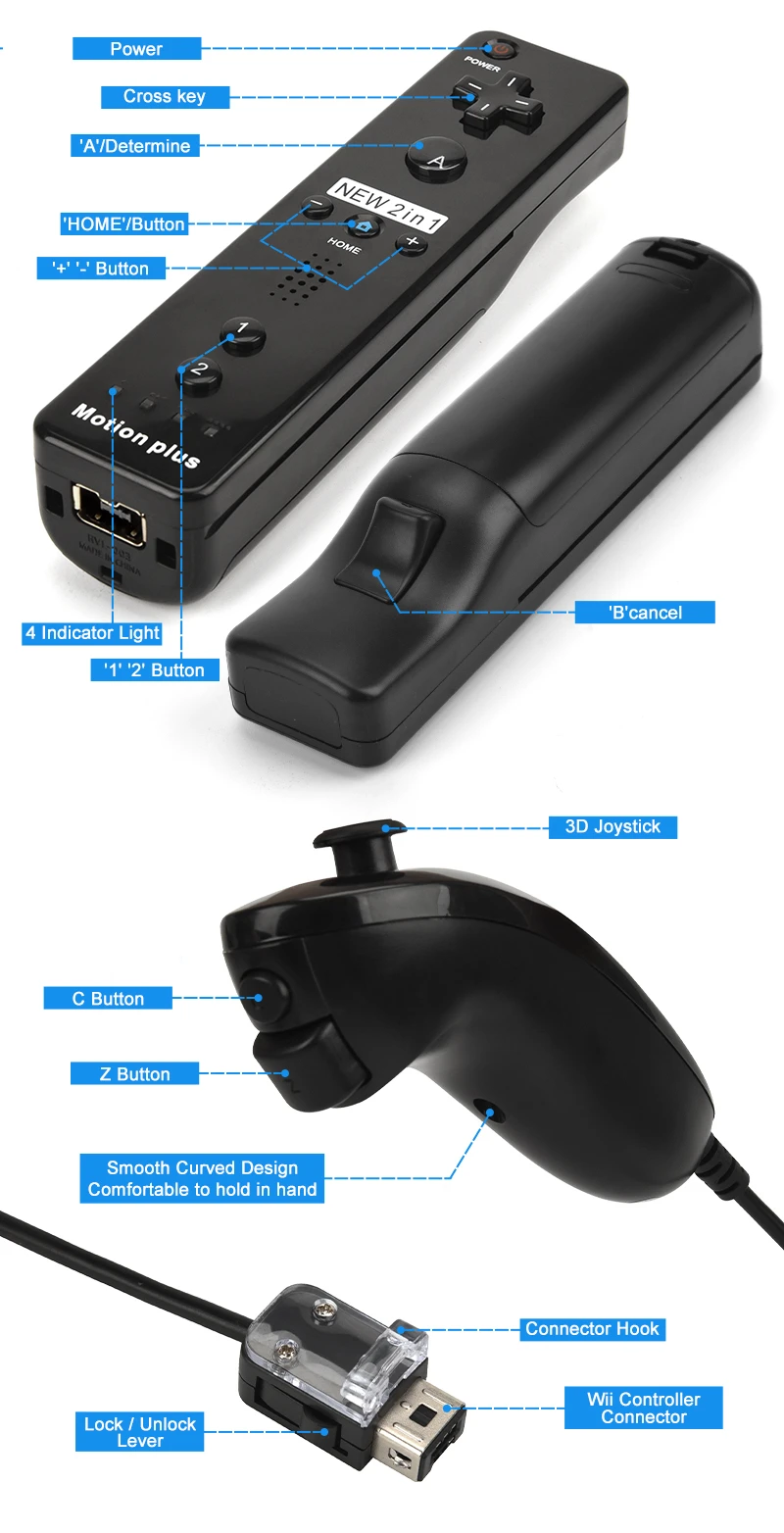 2 in 1 For Nintendo Wii Motion Plus Remote Controller Wireless Gamepad Game Controller For Wii Nunchuck Remote Controle Joystick