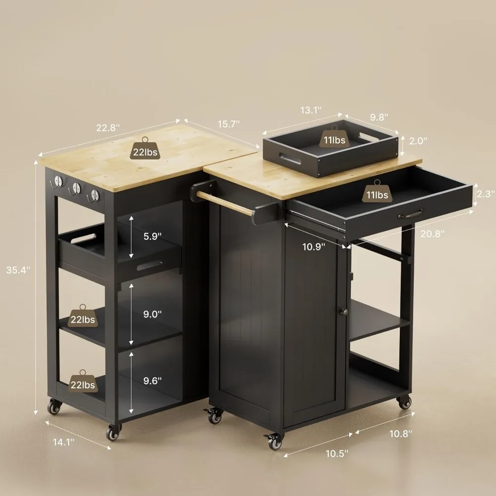 Kitchen Island Cart with Solid Wood Top, Rolling Serving Utility Trolley Cart with Drawer, Cabinet, Towel Rack, Hooks 3
