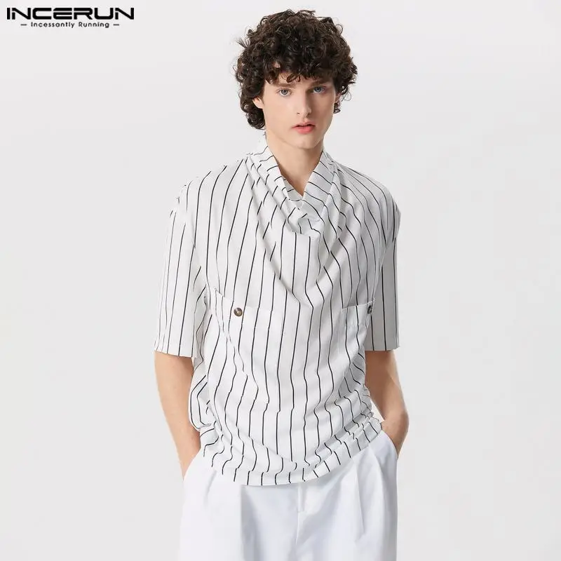 INCERUN 남성용 반팔 셔츠, 패셔너블하고 잘 어울리는 상의, 파일업 칼라, 스트라이프 셔츠, 캐쥬얼 개성 있는 남성 셔츠, S-5XL 2024