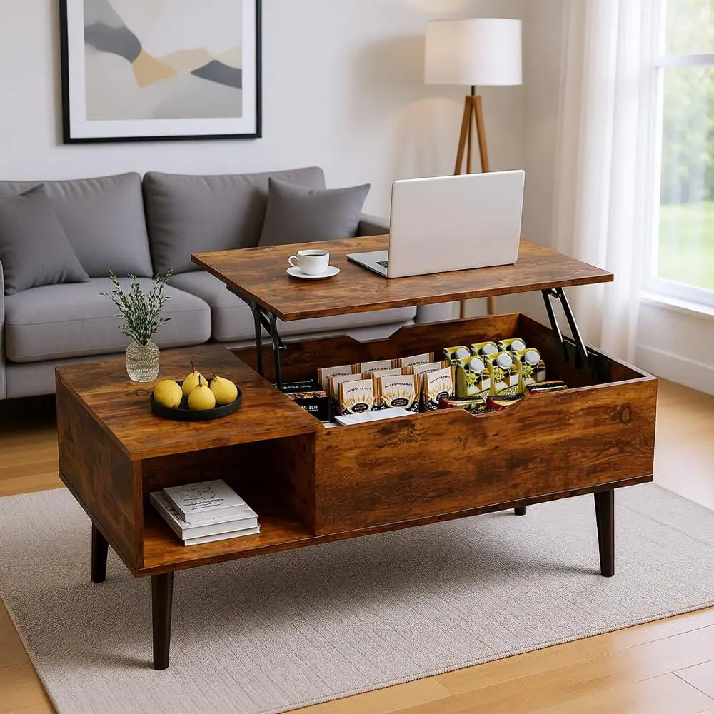 Brown Wooden Living Room Coffee Table with Storage Shelf and Hidden ...
