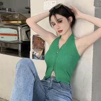 Backless Knitted Camisole Summer Y2k Tank Top For Women Casual Solid Color V Neck Slim Tees Female Clothing - Image 2