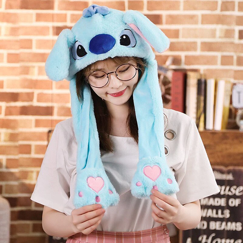 Cartoon Stitch Ear Move Hat Plush Bunny Ears Moving Jumping Up Toys Dress Up Funny Party for Kids Christmas Gift for Adult Party Supplies Plush Toys