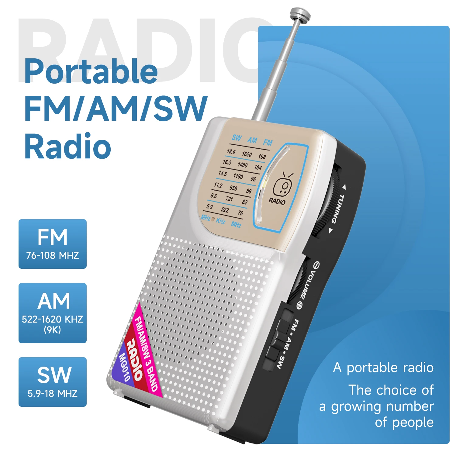 Radio compacte AM/FM/SW. Son fort et clair via un grand haut-parleur. Options de connexion filaire multiples. Format de poche. (Argent)
