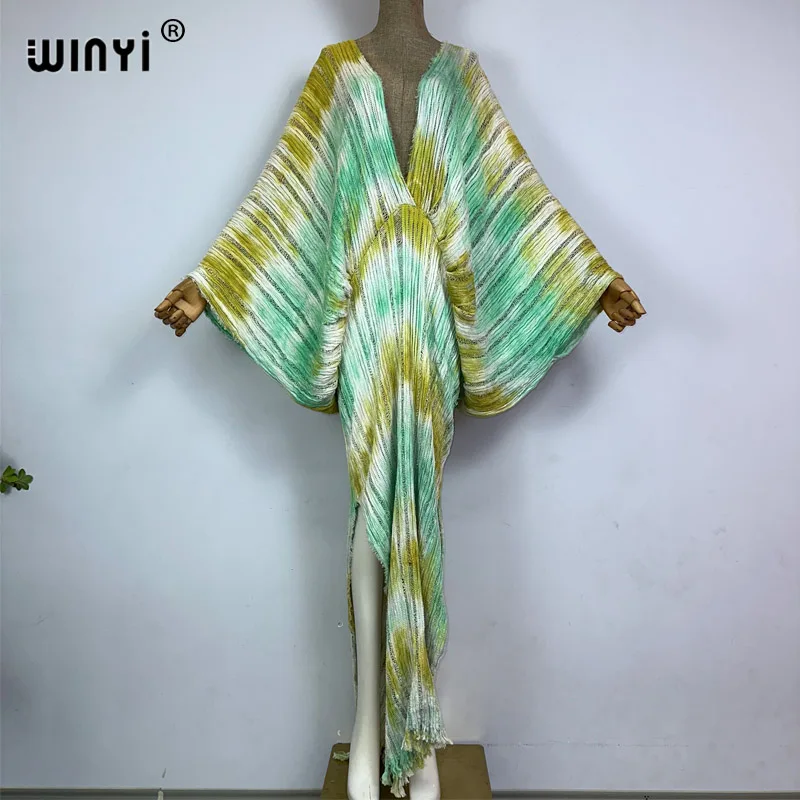 WINYI new tie-dye print summer Deep v-neck Knitted hollow sexy dress Elegant Floor-sweeping evening dress Women Beachwear kaftan