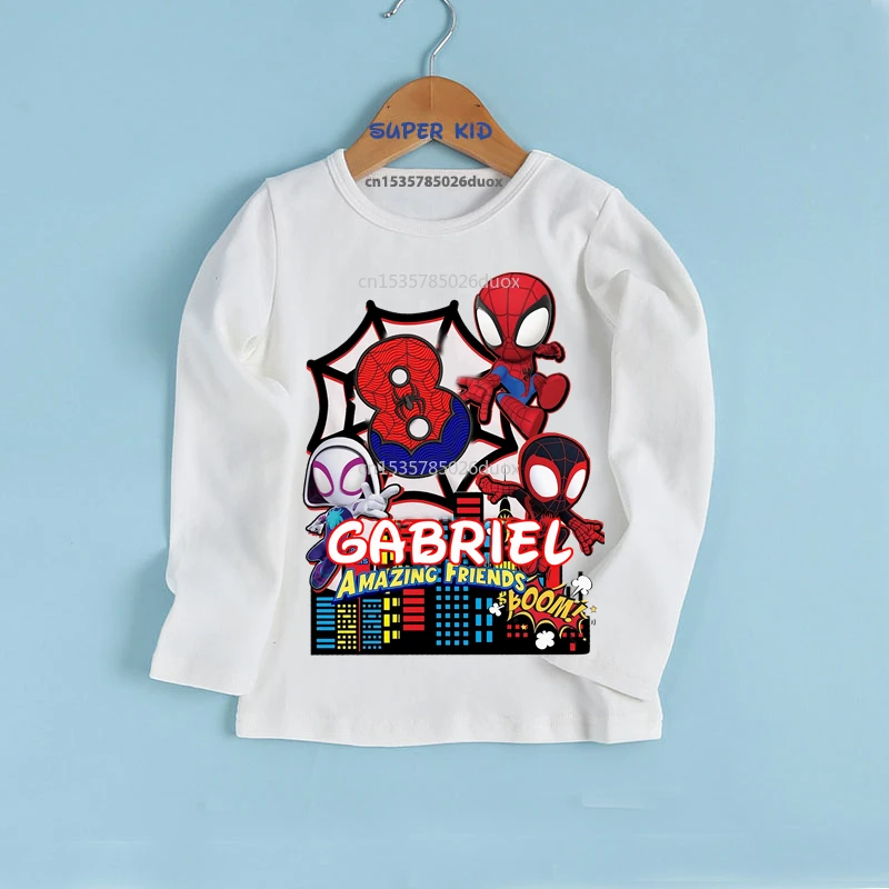 Autumn Spider-Man and His Amazing Friend Birthday Bottoming Kid Shirt 2-9 Year Personalize Name Birthday Boy Long Sleeve T-shirt 4