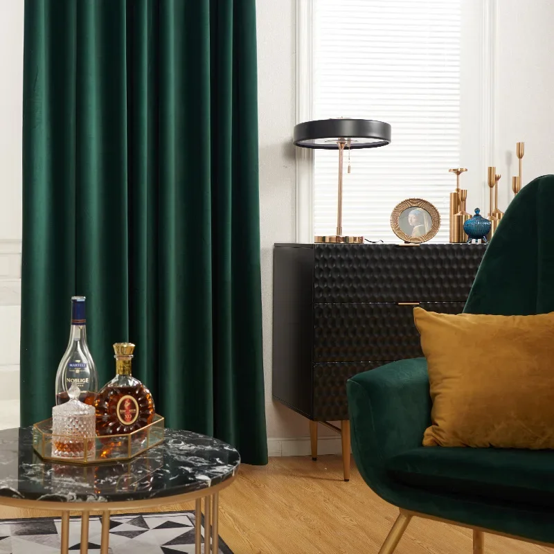 Curtains for Bedroom Living Room Villa Curtains Nordic Mink Modern Style Solid Color Dark Green Matte Velvet 4