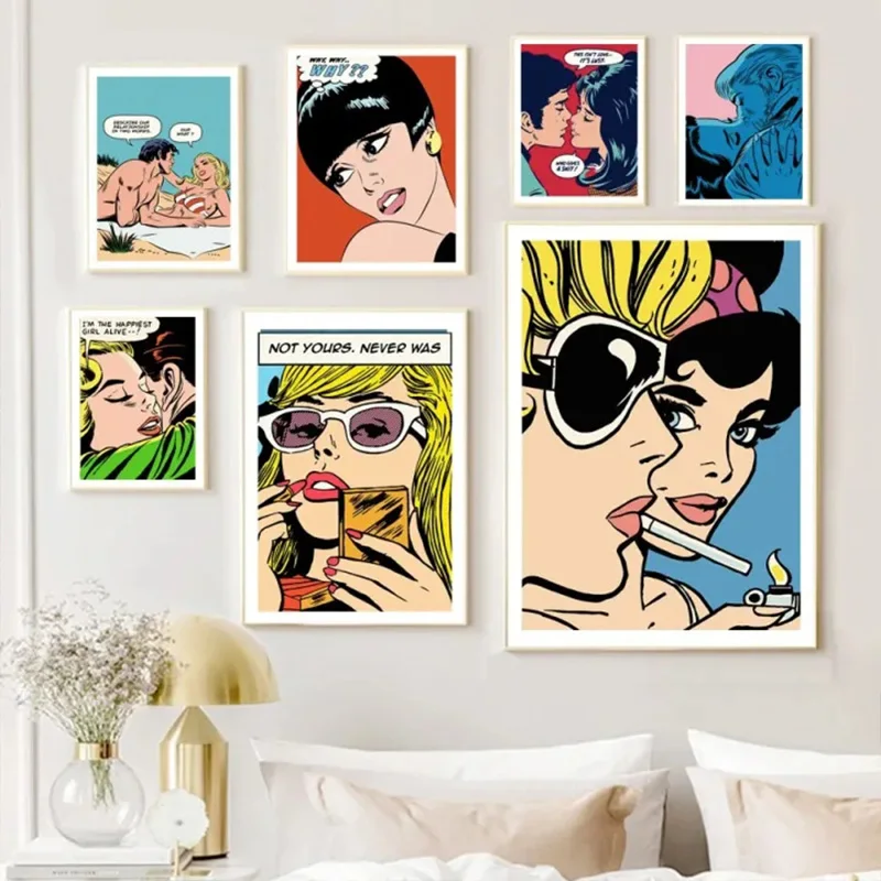 

Chic Abstract Anime Comics Woman Kiss Pop Wall Art Canvas Painting Nordic Poster and Prints For Living Room Home Decor Frameless