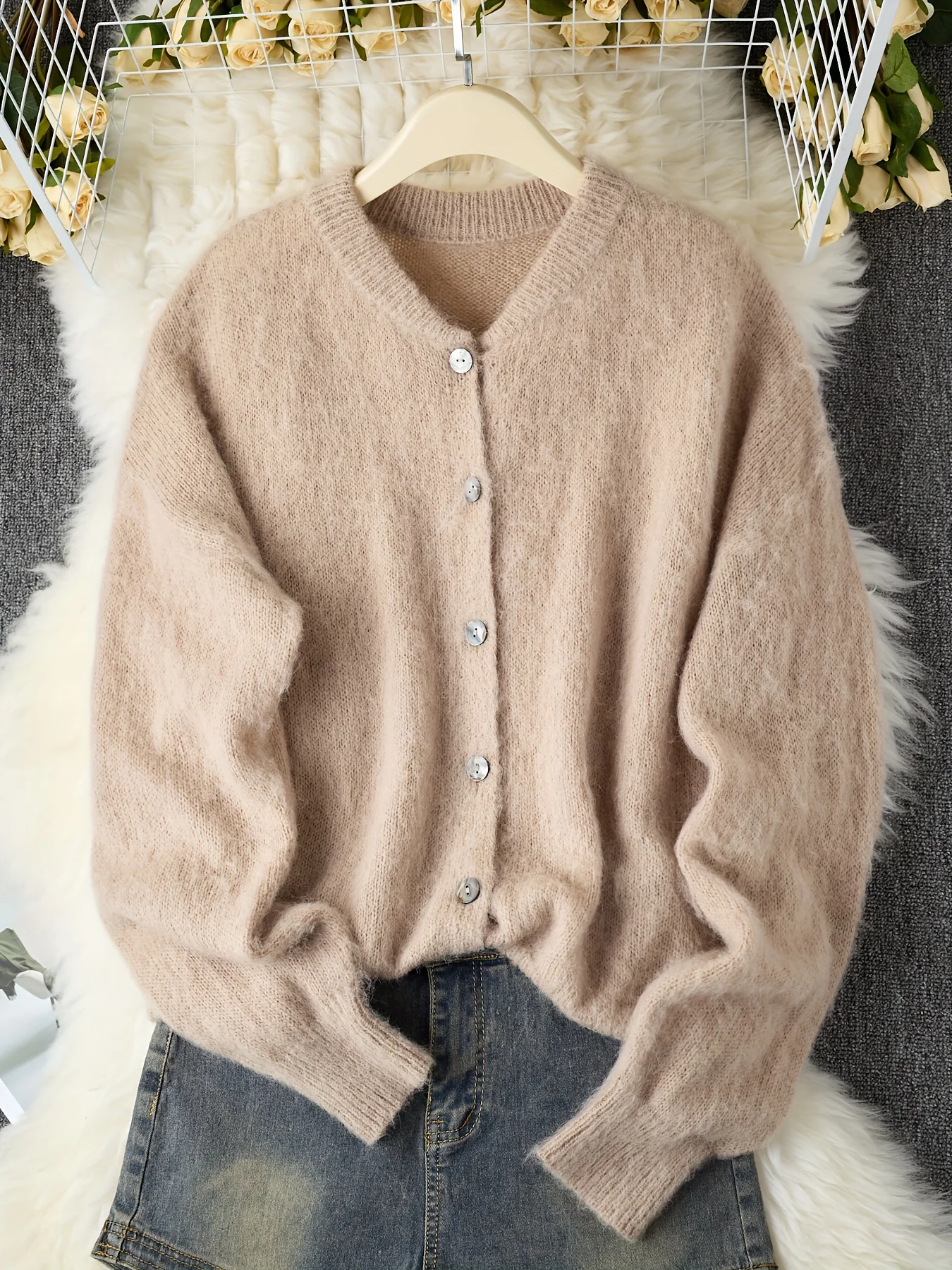 İlkbahar sonbahar modası açık renk kazak yeni sade günlük rahat örme ceket