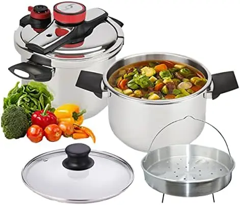 

cooker made of stainless steel, It has a 6.3qt. capacity and 5 safety systems, Easy to use Stainless steel Olla express a presi