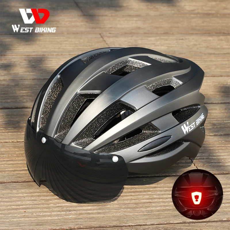 WEST BIKING-Capacete de ciclismo com óculos taillight para homens e mulheres, capacete de bicicleta MTB, lente viseira solar, capacete de bicicleta elétrica