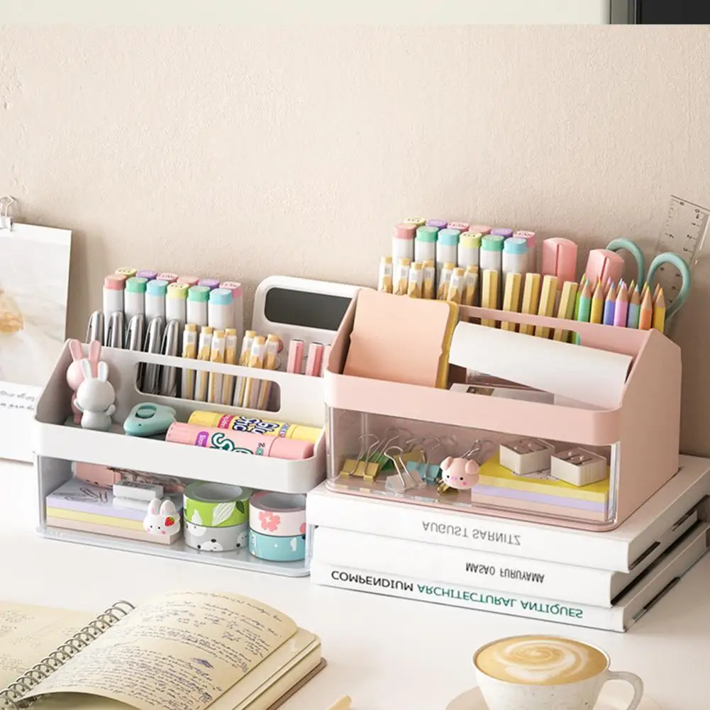 Student Stationery Pen Holder Transparent Drawers Cute Multifunction Solid Color Desktop Organizer Stationery Storage Box storage box