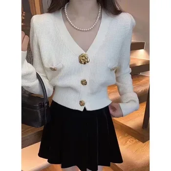 Donna Primavera Autunno Moda Bottoni Scollo a V Tinta unita Manica lunga Maglieria Moda donna Office Lady Top casual tutto-fiammifero 1