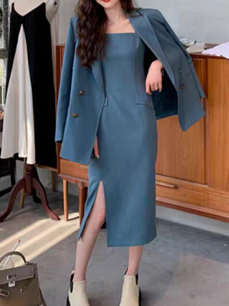 Women Summer Business Elegant Blazer Dress Suit Casual Jacket Spaghetti Strap Midi Vestidos Two Pieces Set Femme Fashion Outfits ensemble femme homewear set casual pajamas ribbed spaghetti strap vest