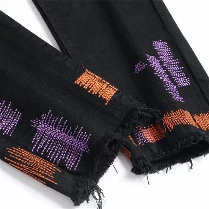 EH·MD® Handmade Embroidered Jeans Men Worn Out Scratched Double Layer Inner Zipper Decoration Soft Slim Fit Cotton Elastic Pants