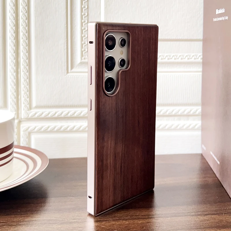 Premium Aluminum Alloy Frame with Wooden Back Case Cover - Walnut, Ebony, Rosewood