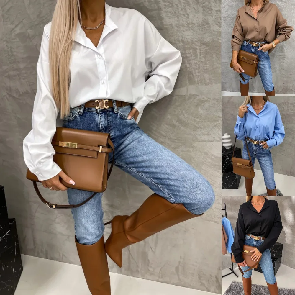 

Autumn Shirt Women Long Sleeve Pure Blouse V Neck Tops Button Office Lady Elegant Loose Leisure Blusa Tops 2023 Solid Shirt