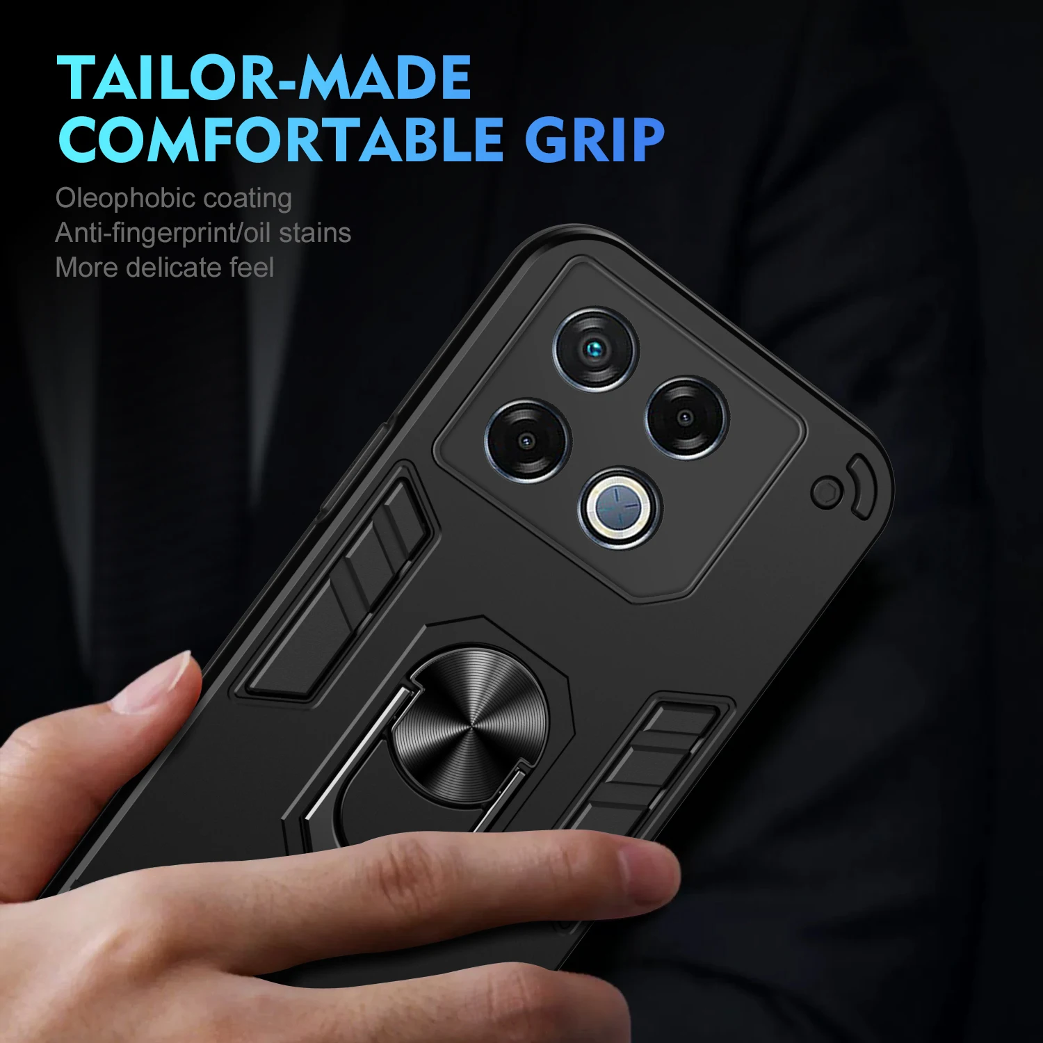 Rugged Armor Shockproof Phone Case with Metal Ring Holder and Dual-Texture Design