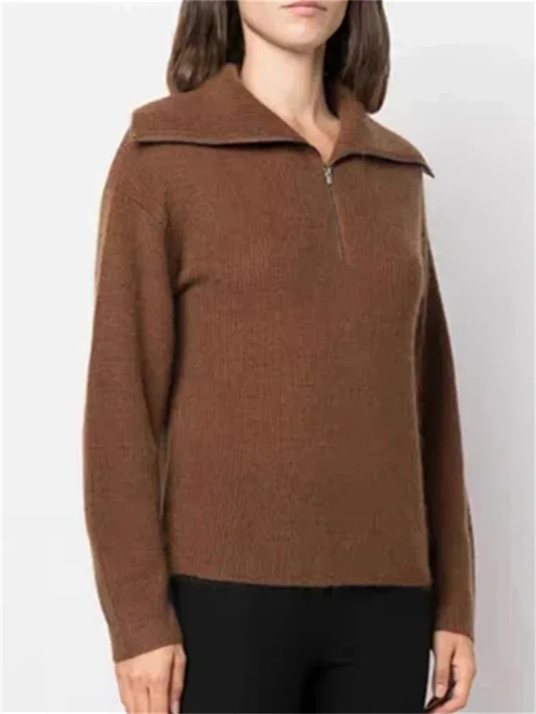 

Women Sweater Solid Turn-down Collar Half Zipper Vintage 2023 Autumn Winter Knitted Pullover