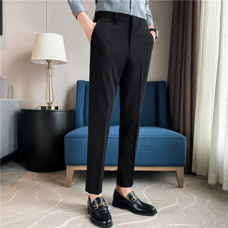 남성 여름 패션 정장 바지, 퓨어 컬러 비즈니스 포멀 팬츠, 슬림핏 오피스 남성 웨딩 소셜 발목 긴 바지, 9 색
