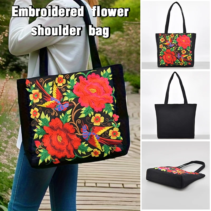 Ethnic Style Embroidery Shoulder Bag Large Capacity Women Tote Bag Canvas Ethnic Phoenix Peony  Printed Portable Shopping Bag