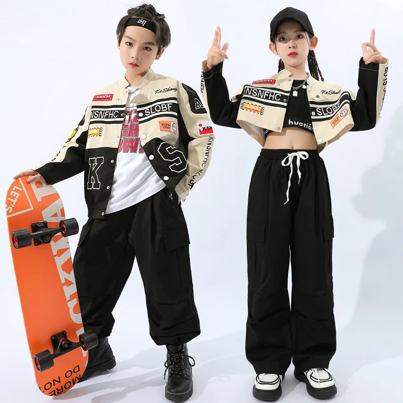 

Kid Hip Hop Clothing Racing Motorcycle Jacket Shirt Crop Top Black Casual Cargo Pants for Girl Boy Jazz Dance Costume Clothes