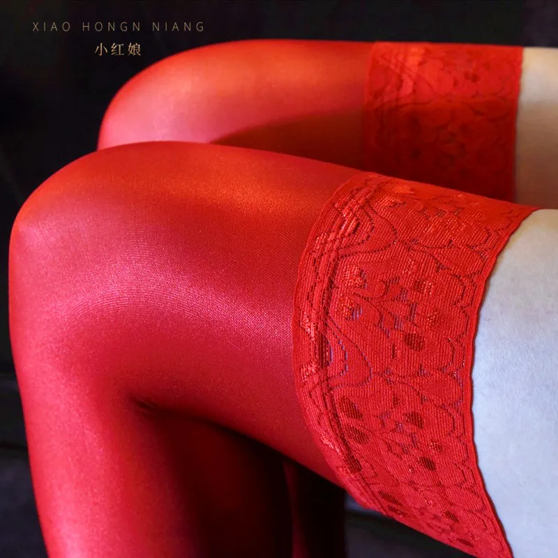 

70D Long Tube Socks with Lace Edge Underwear for Women's Silicone Anti Slip Transparent Oil Gloss Long Tube Sexy Thigh Stockings