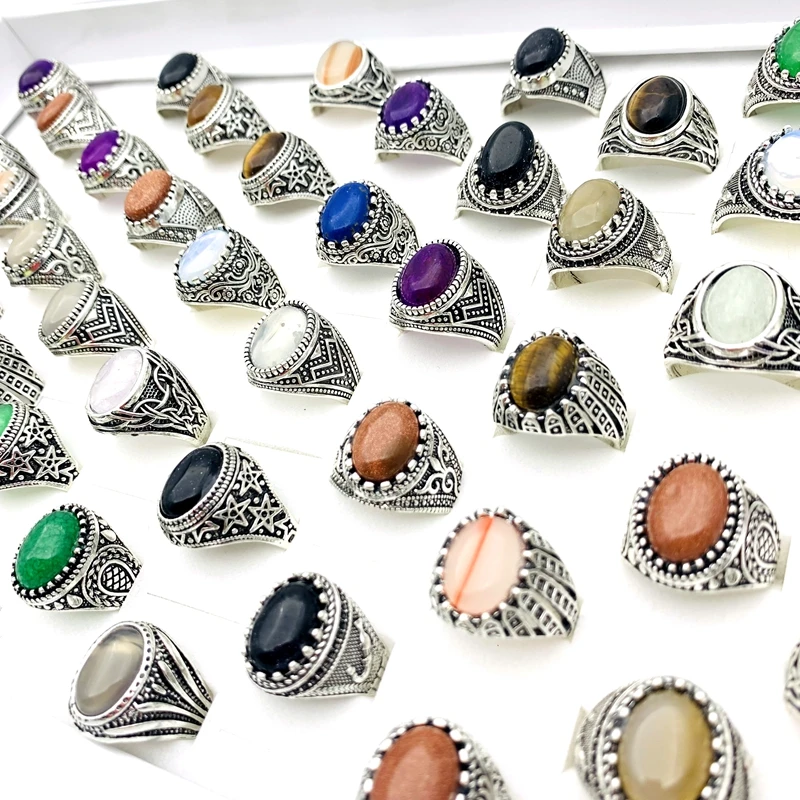 Wholesale 20PCS/Lot Retro Rings For Men Women Natural Stone Silver Plated Fashion Jewelry Accessories