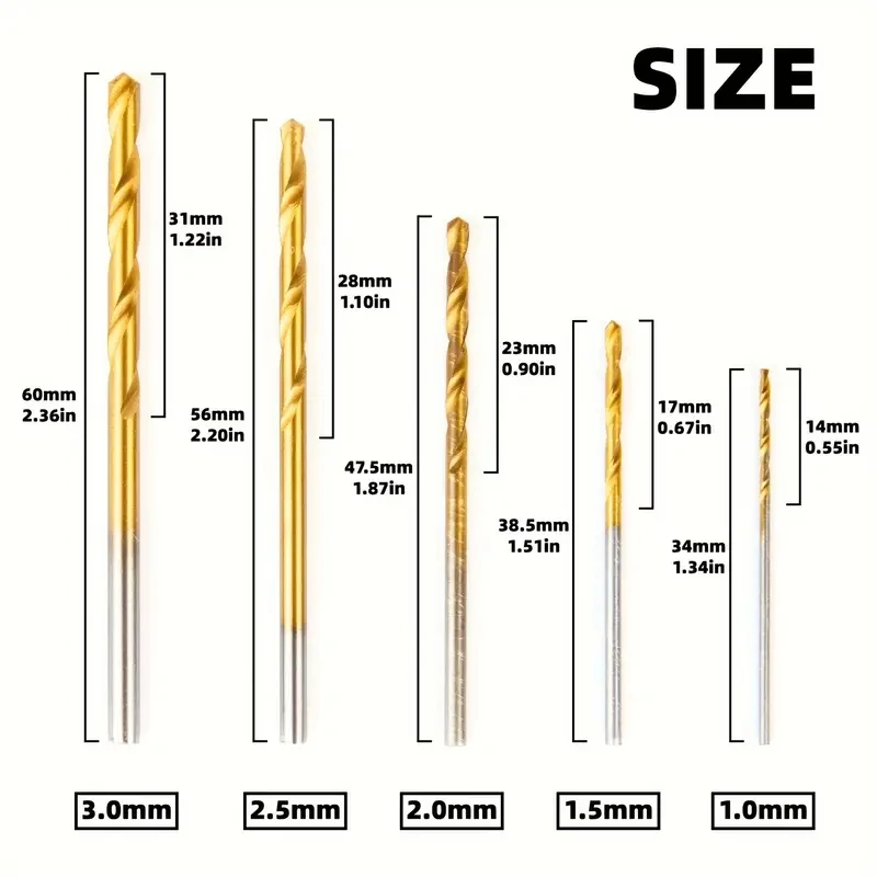 50pcs Titanium Coated Drill Bits Set 1/1.5/2/2.5/3mm titanium plated high-speed steel For Metal Wood Aluminum Drilling Tools