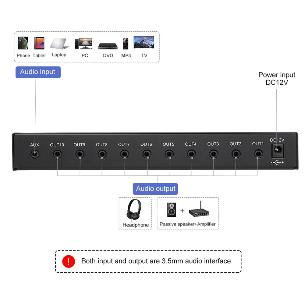 ABUOAU-HP10 10 Channel Stereo Headphone Amplifier Audio 1Input 10 Output Preamplifier Independent-Control NJM4556A DC12-24V