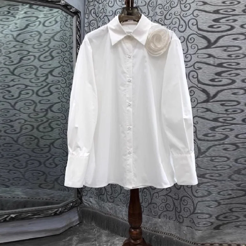 

100%Cotton Shirt 2024 Spring Summer Fashion White Pink Shirts Women Appliques Flower Deco Long Sleeve Casual Button Shirt Blouse