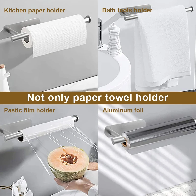Paper Towel Holder Stainless Steel Adhesive Toilet Roll Paper Holder No Hole Punch Kitchen Bathroom Toilet Lengthen Storage Rack