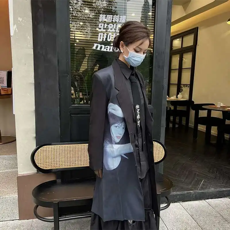 HKSH Autumn Winter Men's Original Niche Dark Blazer Japanese Asymmetrical Streetwear Print Jackets Chic Punk Wool Trench HK2174