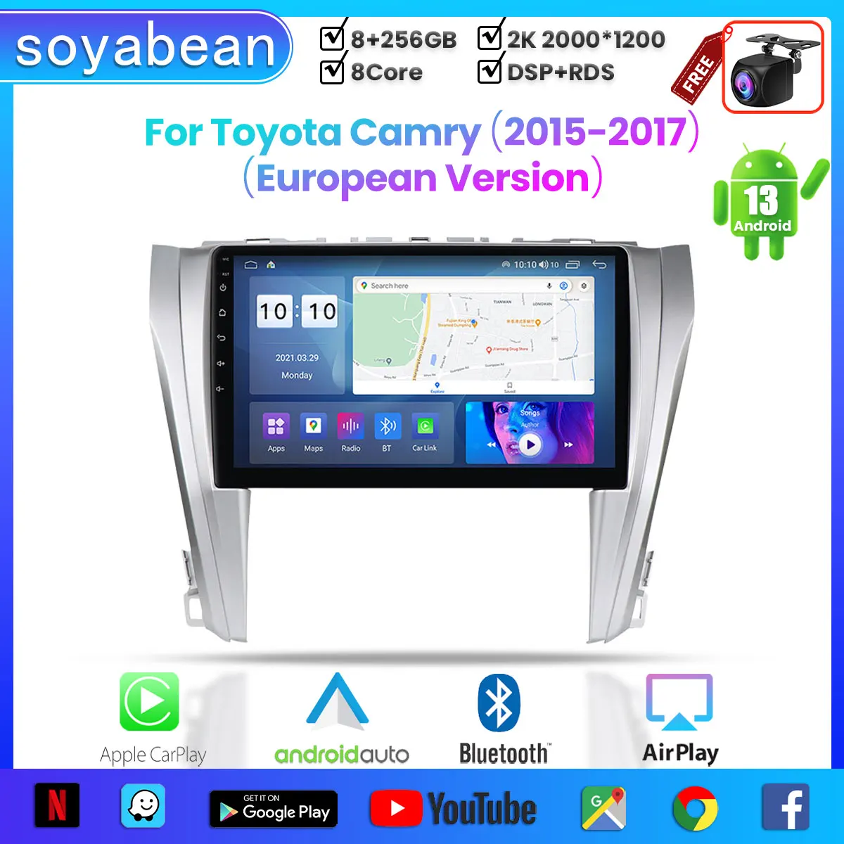 

Автомобильный радиоприемник Android 13 для Toyota Camry 2015-2017, 10-дюймовый 2K мультимедийный плеер с 4G Carplay и 2Din GPS-навигацией-Европейский