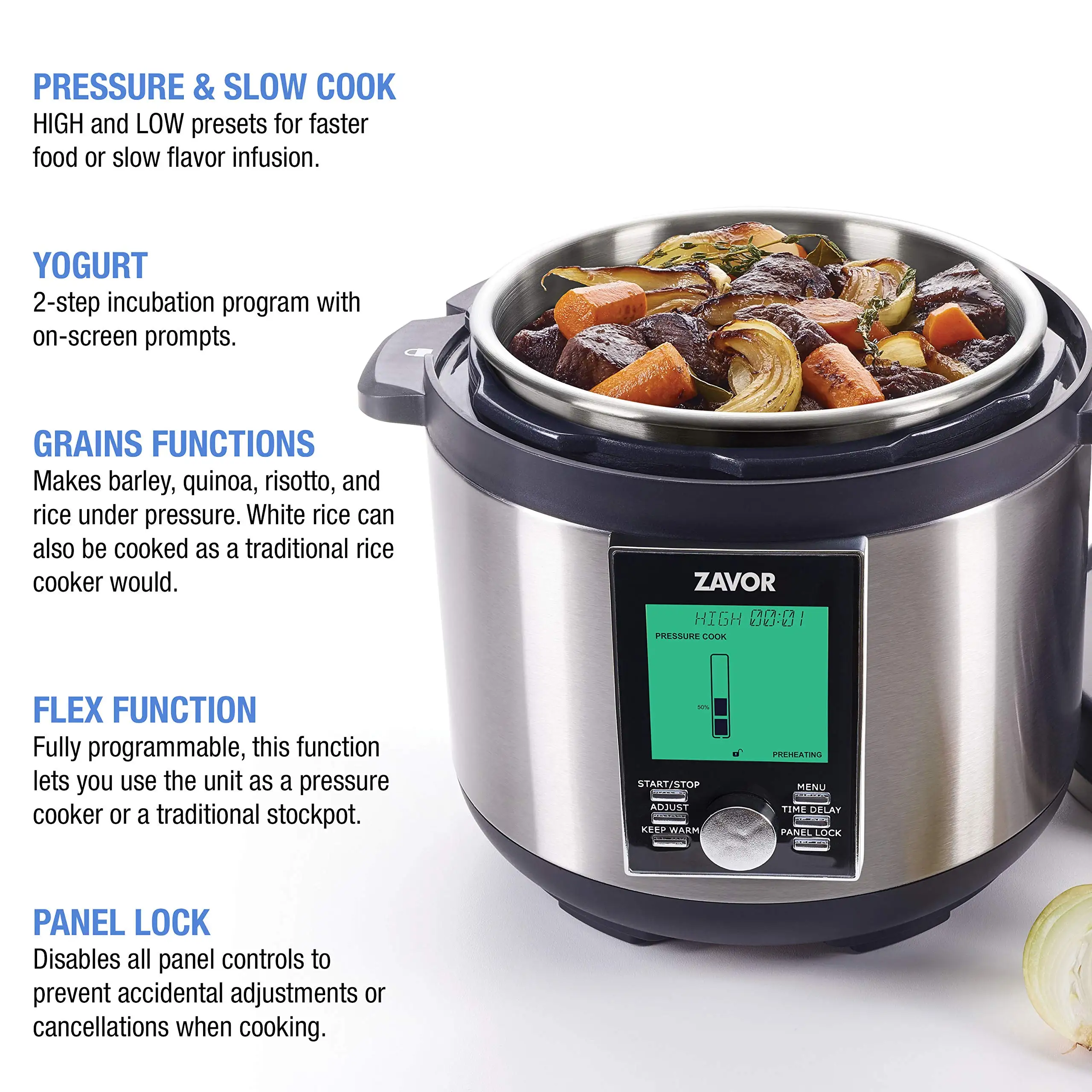 

Zavor LUX LCD 8 Quart Programmable Electric Multi-Cooker: Pressure Cooker, Slow Cooker, Rice Cooker, Yogurt Maker, Steamer and M