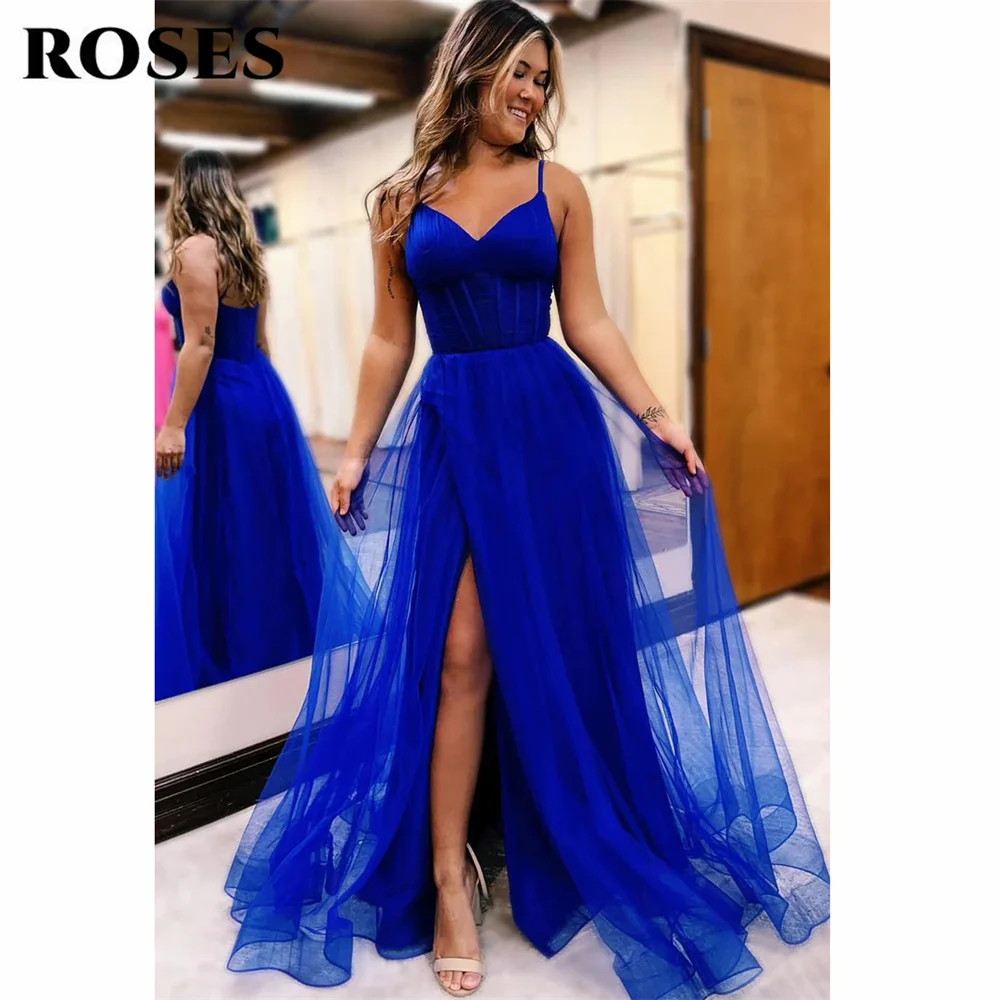 

ROSES Royal Blue Evening Dress Sweetheart Fluffy Tulle فستان سهرة Sexy Spaghetti Straps Beach Prom Dress Side Split Party Dress