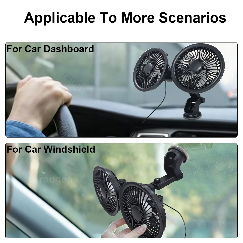 Portable Dual Head USB Car Fan with Suction Cup and 360° Rotation