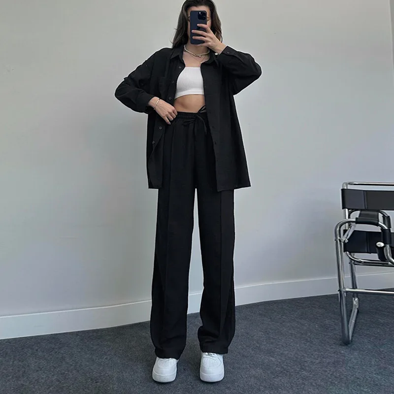 2022 Set Women's Autumn and Winter Long sleeved Shirt with Folded Elastic Waist Pants Elegant Solid Color Two Piece Set New