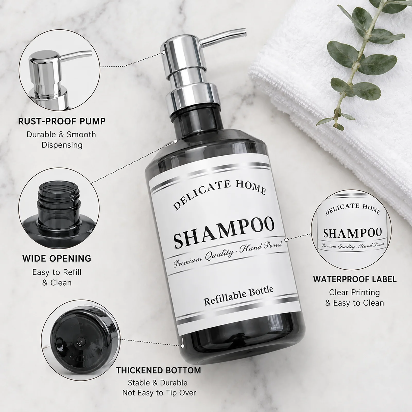 Flaconi con Pompa in Plastica per Arredo Bagno di Hotel di Lusso, Bottiglie Ricaricabili per Shampoo, Balsamo, Bagnoschiuma, Dispenser - immagine 6
