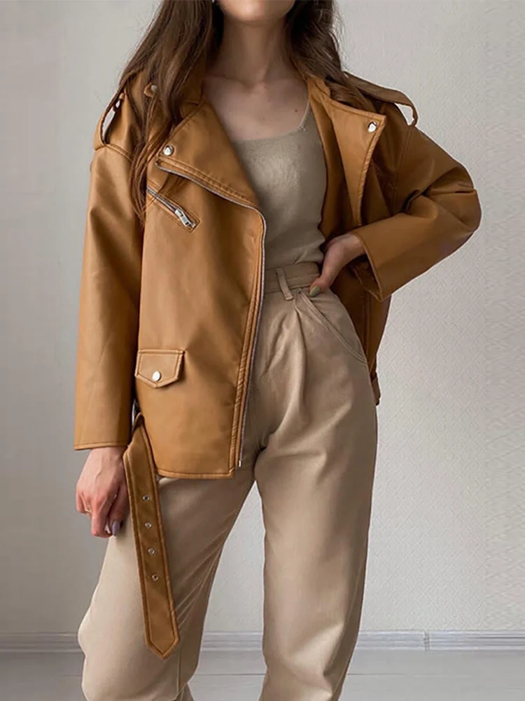 

FTLZZ Spring Autumn Women Brown Faux Leather Jacket Moto Biker Punk Style PU Coat Casual Loose Locomotive Outwear with Belt