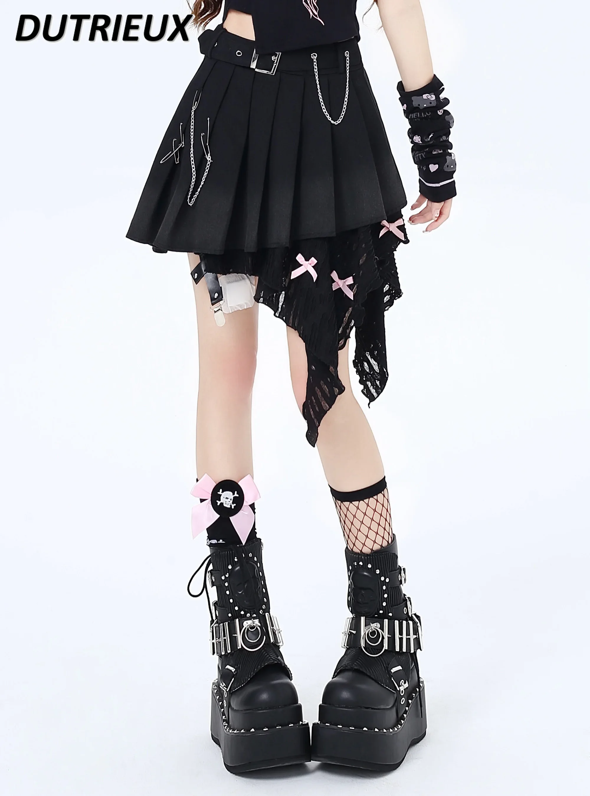 Summer New Sweet Cute Girls Wild Short A- Line Skirt Original Gothic Style Irregular Design Stitching Hot Girl Pleated Skirts