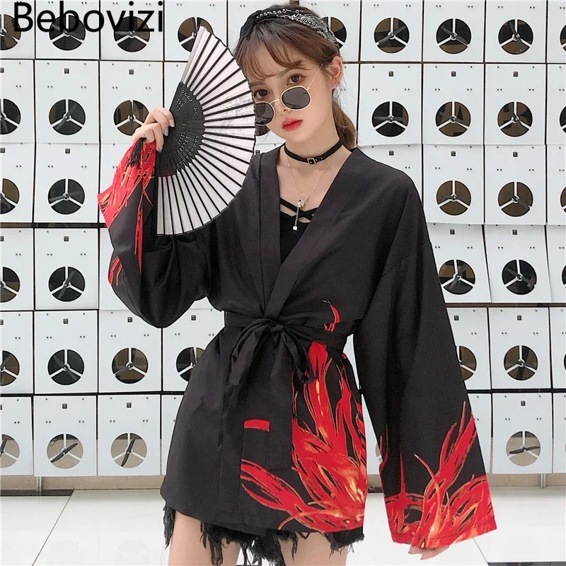 Japanese Kimono Japanese Kimono Cardigan Flaming Phenix Print Cardigan Harajuku Women Men Yukata Streetwear Haori